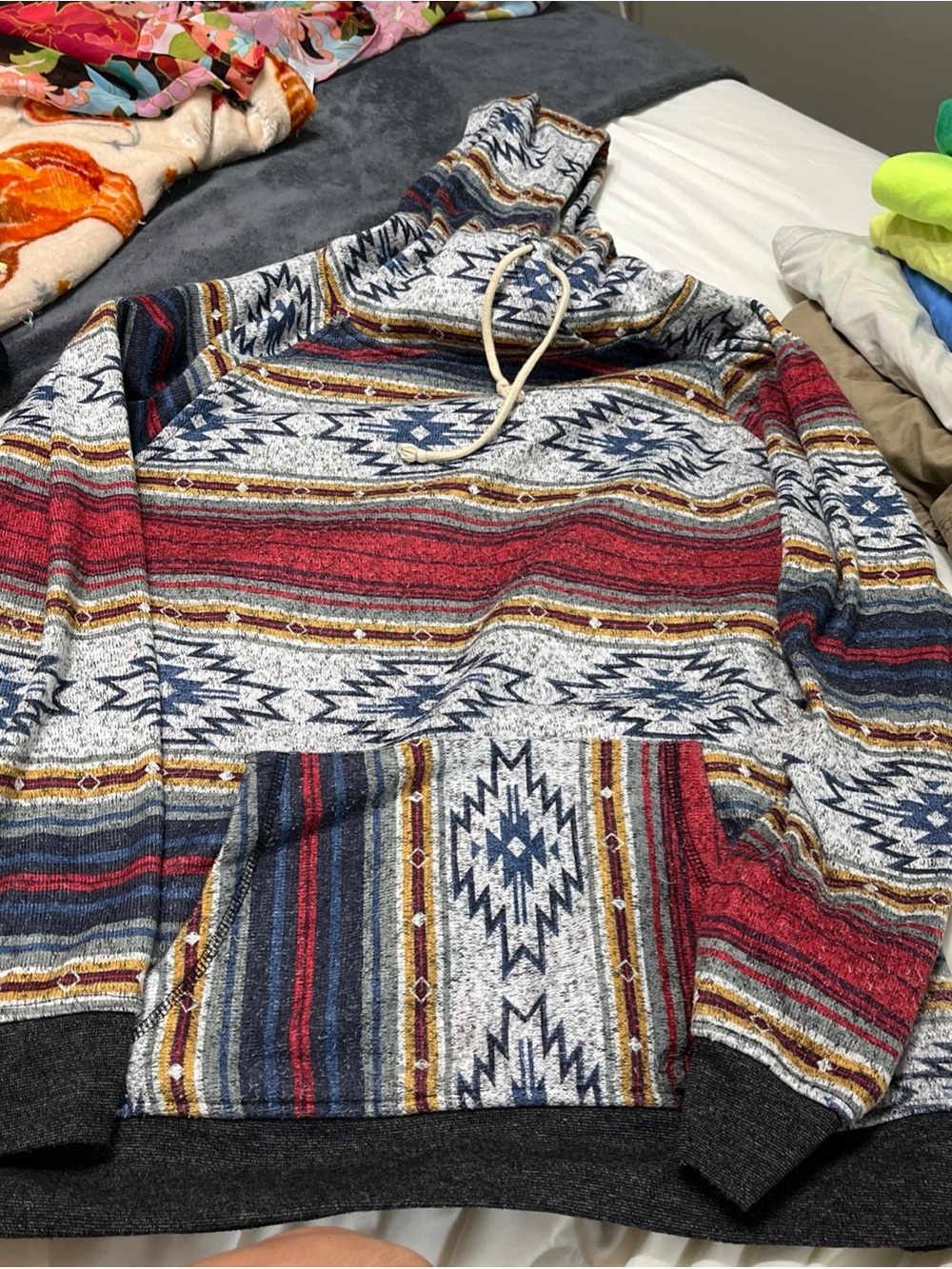 Brooklyn Cloth Multi-Striped Southwestern Hooded Pullover - Red, Navy, Gold